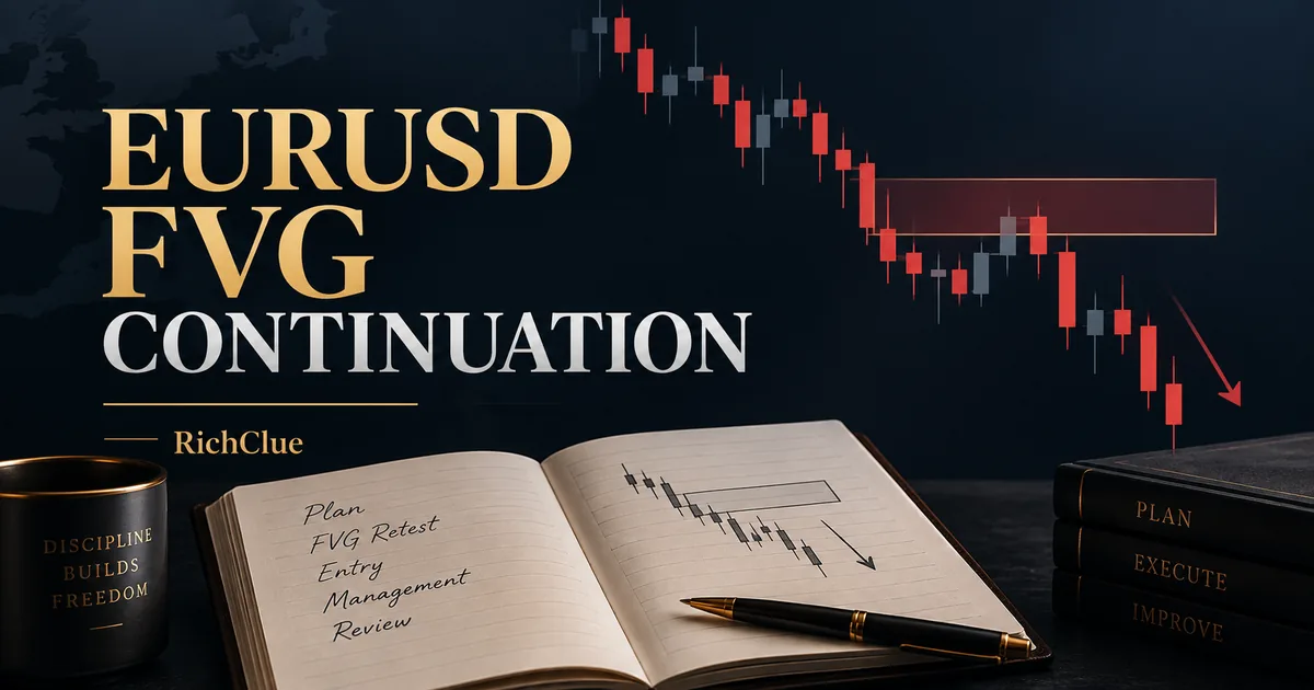 EURUSD fair value gap continuation trade journal cover with an open notebook and decorative bearish candles