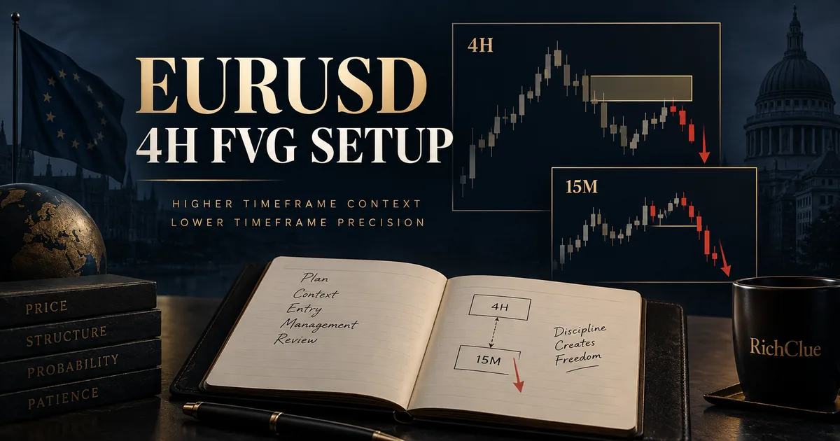 EURUSD four-hour fair value gap trade journal cover with an open notebook and layered timeframe illustrations