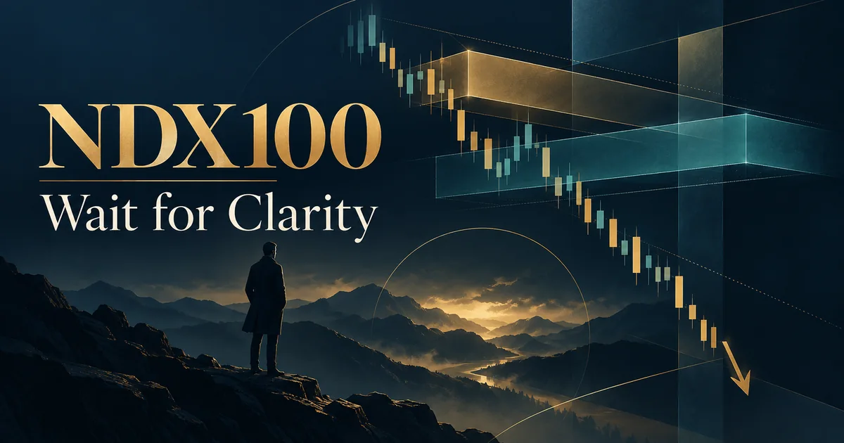 NDX100 trade journal editorial cover about waiting for a clear bearish path; illustration, not a chart