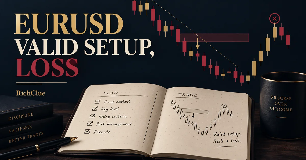 EURUSD valid-setup losing-trade journal cover with an open notebook and restrained reversal illustration