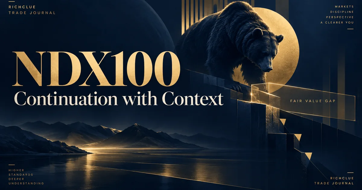 NDX100 trade journal editorial cover about a bearish continuation after fvg rejection; illustration, not a chart