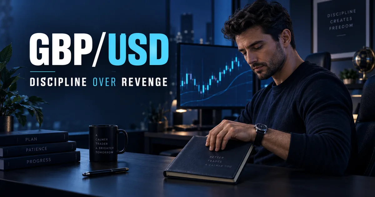 GBP/USD trade journal editorial cover showing a calm trader stepping away from a chart after a losing trade