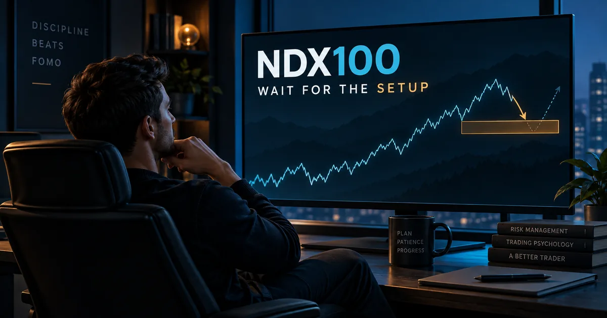 NDX100 trade journal editorial cover about resisting FOMO and waiting for a valid pullback