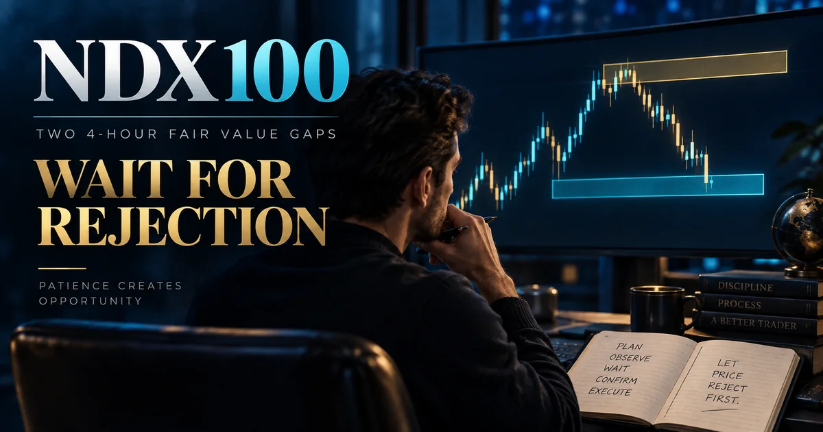 NDX100 trade journal editorial cover about waiting for rejection at the opposing 4-hour fair value gap