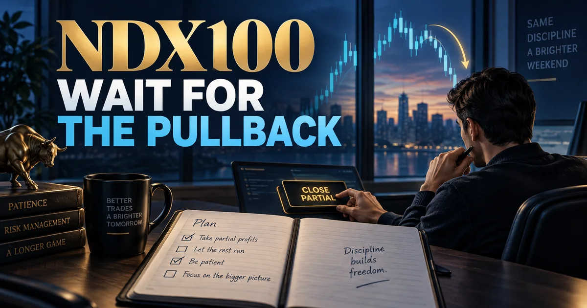 NDX100 trade journal editorial cover about waiting for the 4-hour FVG pullback instead of entering immediately