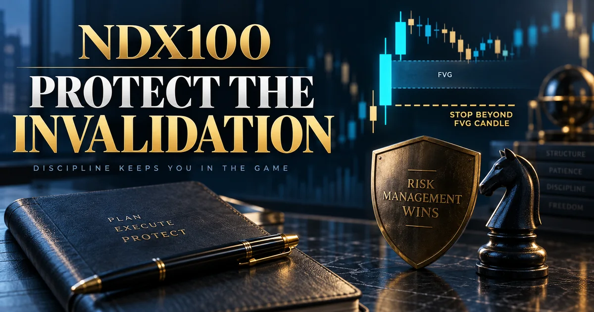 NDX100 trade journal editorial cover about placing the stop beyond the FVG candle and waiting for a usable risk-to-reward entry